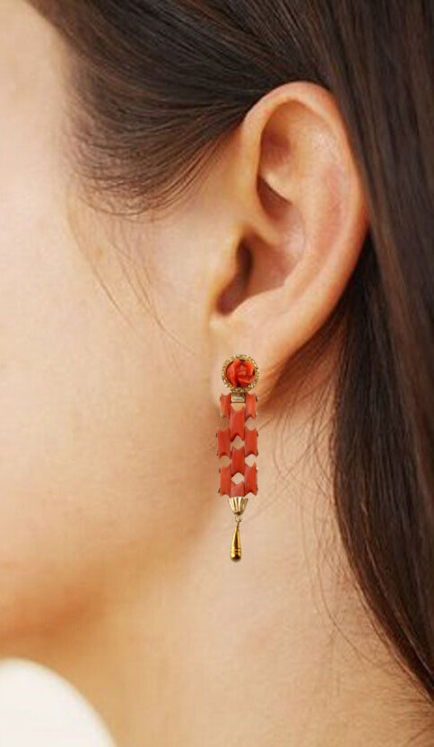 Natural Color Coral Yellow Gold Antique Earrings From The Late 1800s