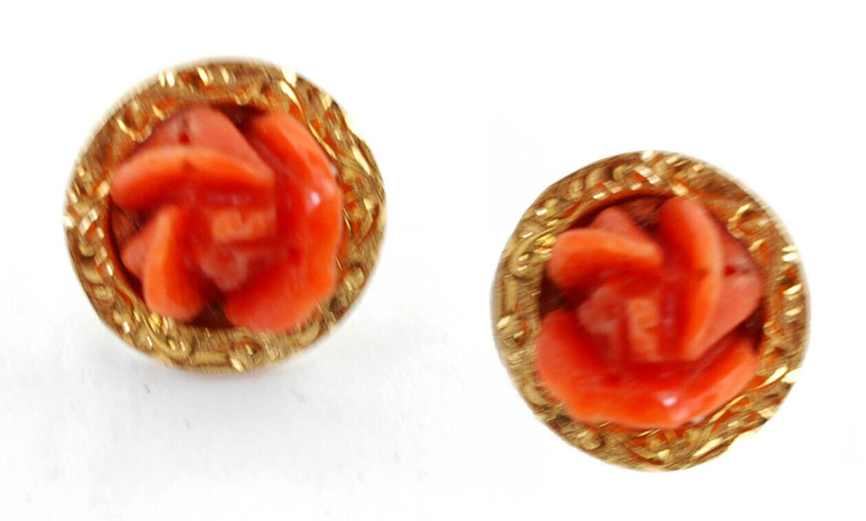  Natural Color Coral Yellow Gold Antique  Earrings From The Late 1800s
