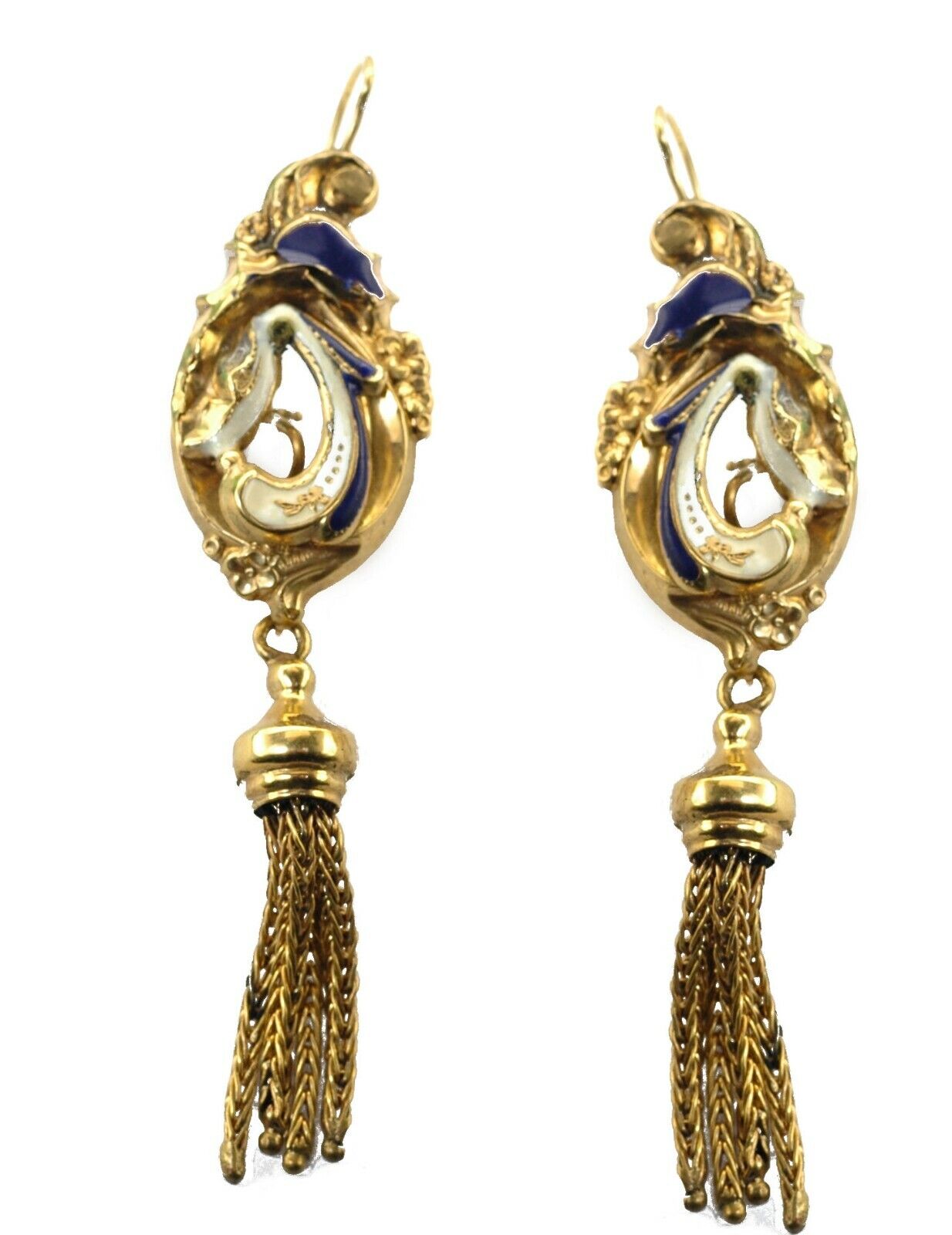 Antique mid 1800s UNIQUE Gold Blue White Enamel Large Earrings With TASSELS