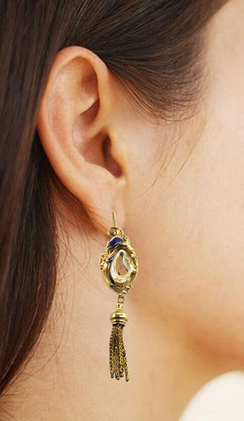 Antique mid 1800s UNIQUE Gold Blue White Enamel Large Earrings With TASSELS