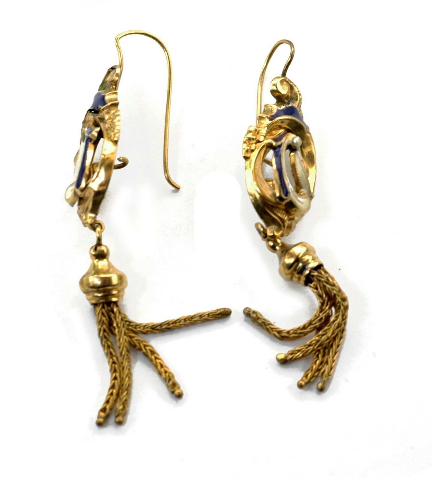 Antique mid 1800s UNIQUE Gold Blue White Enamel Large Earrings With TASSELS