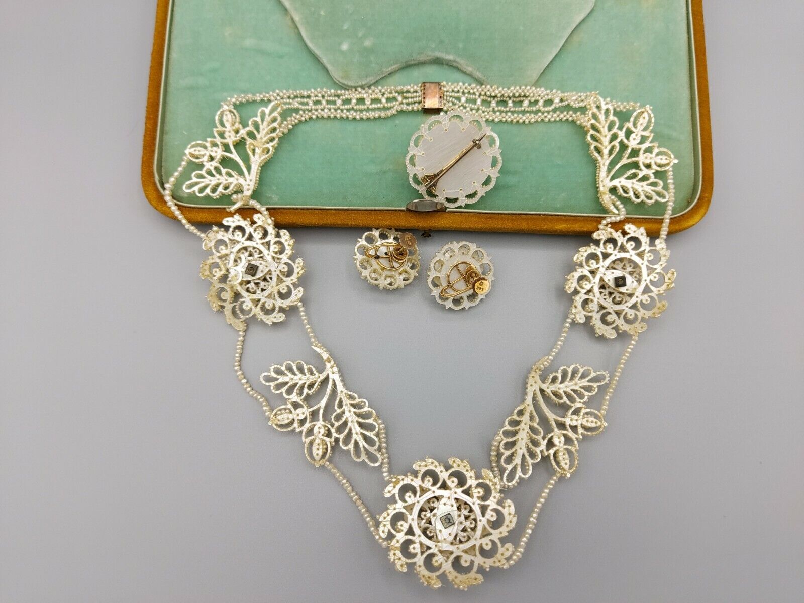 1800s Georgian Woven Natural Seed Pearl Parure Necklace, Earrings, Brooch 