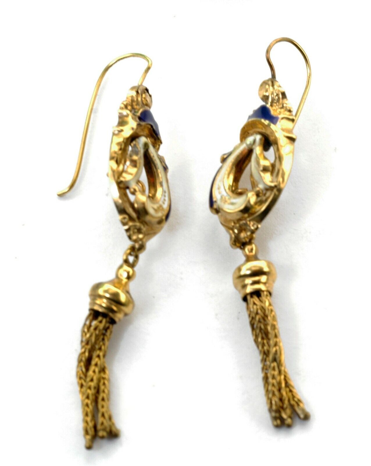 Antique mid 1800s UNIQUE Gold Blue White Enamel Large Earrings With TASSELS