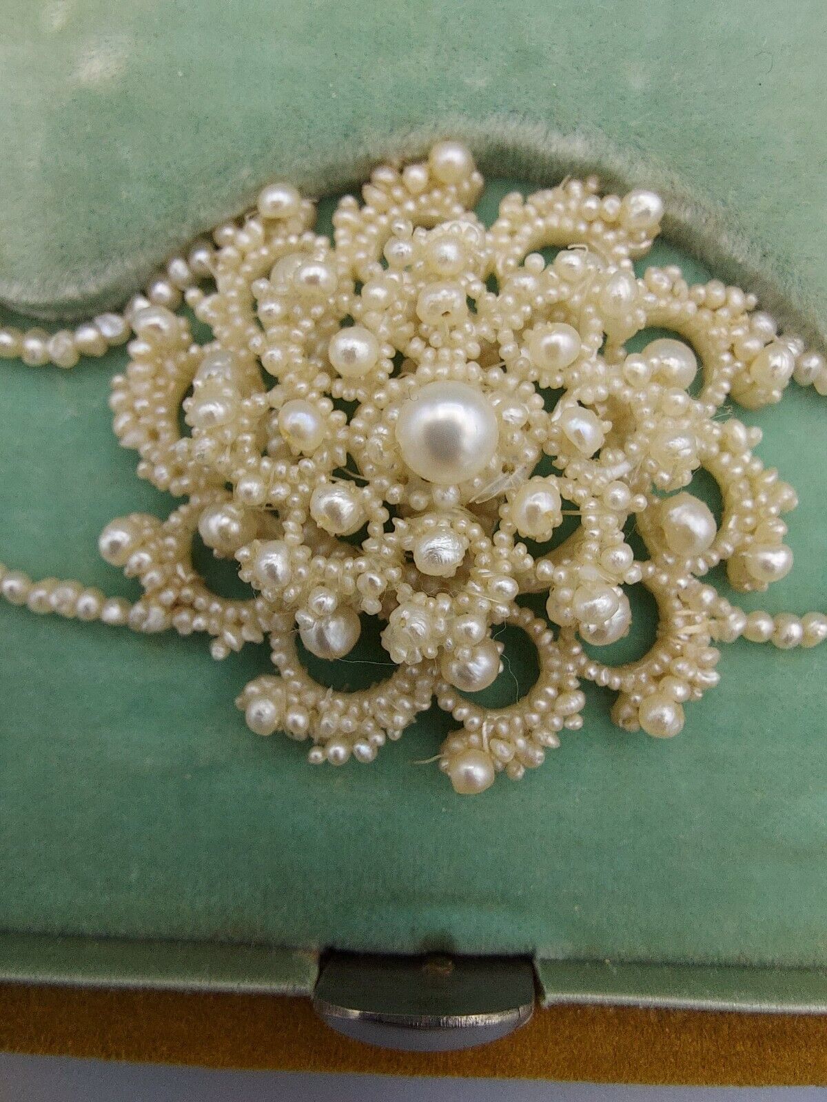 1800s Georgian Woven Natural Seed Pearl Parure Necklace, Earrings, Brooch 