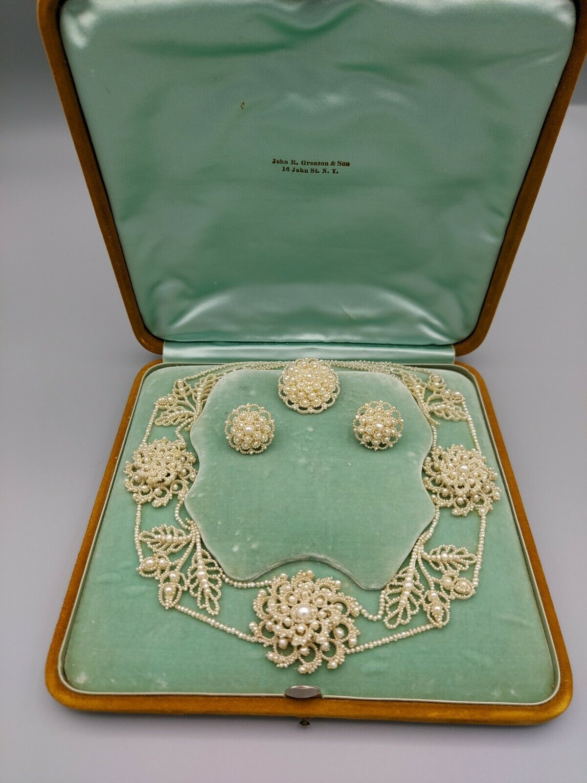 1800s Georgian Woven Natural Seed Pearl Parure Necklace, Earrings, Brooch 