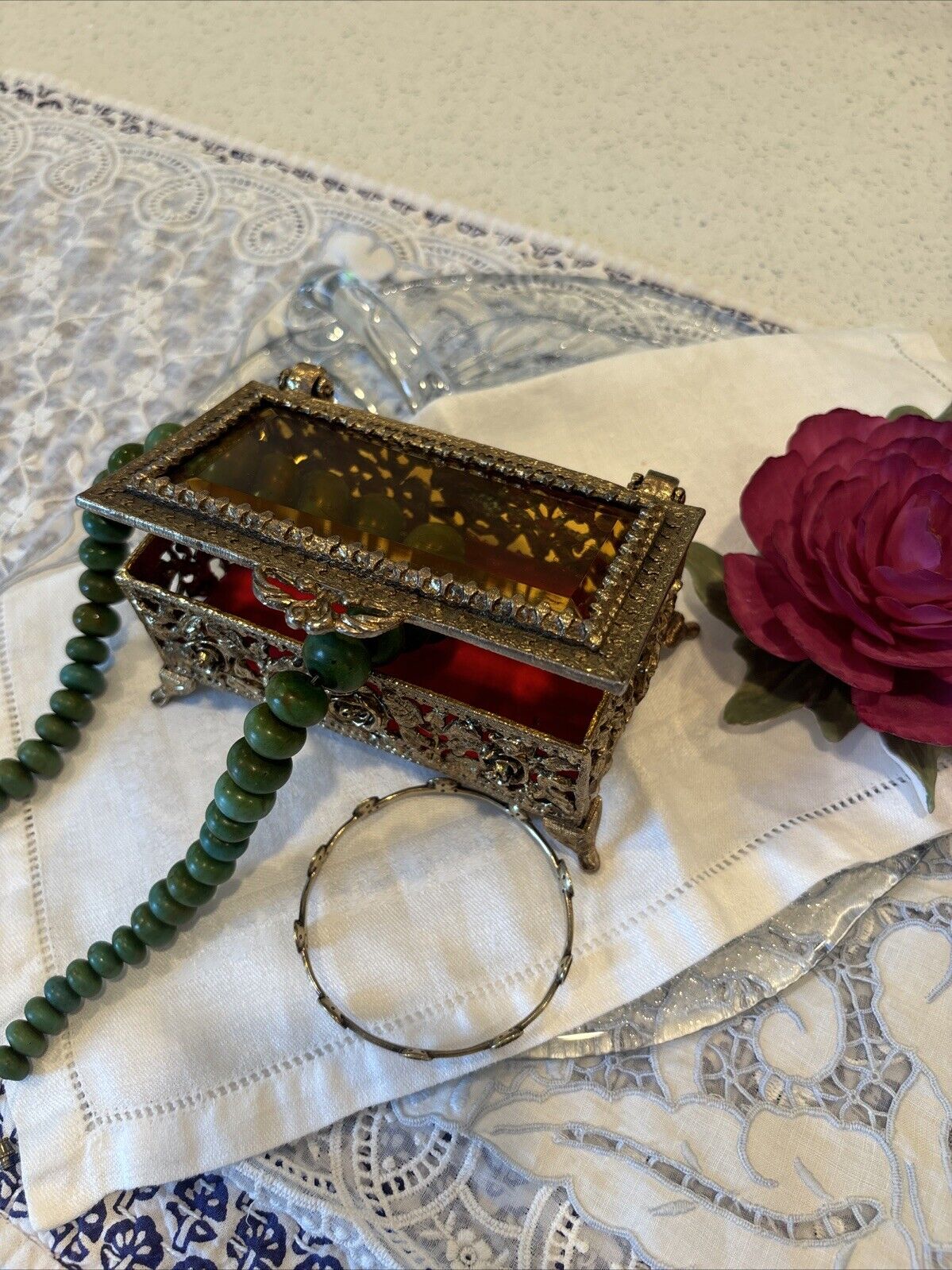 SMALL ANTIQUE LATE 1800's FILIGREE BEVELED GLASS LID FOOTED JEWELRY BOX