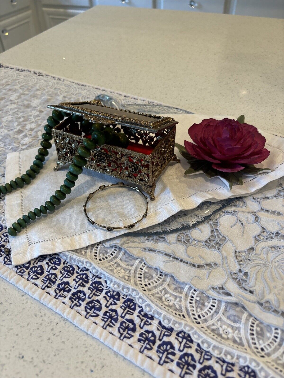 SMALL ANTIQUE LATE 1800's FILIGREE BEVELED GLASS LID FOOTED JEWELRY BOX