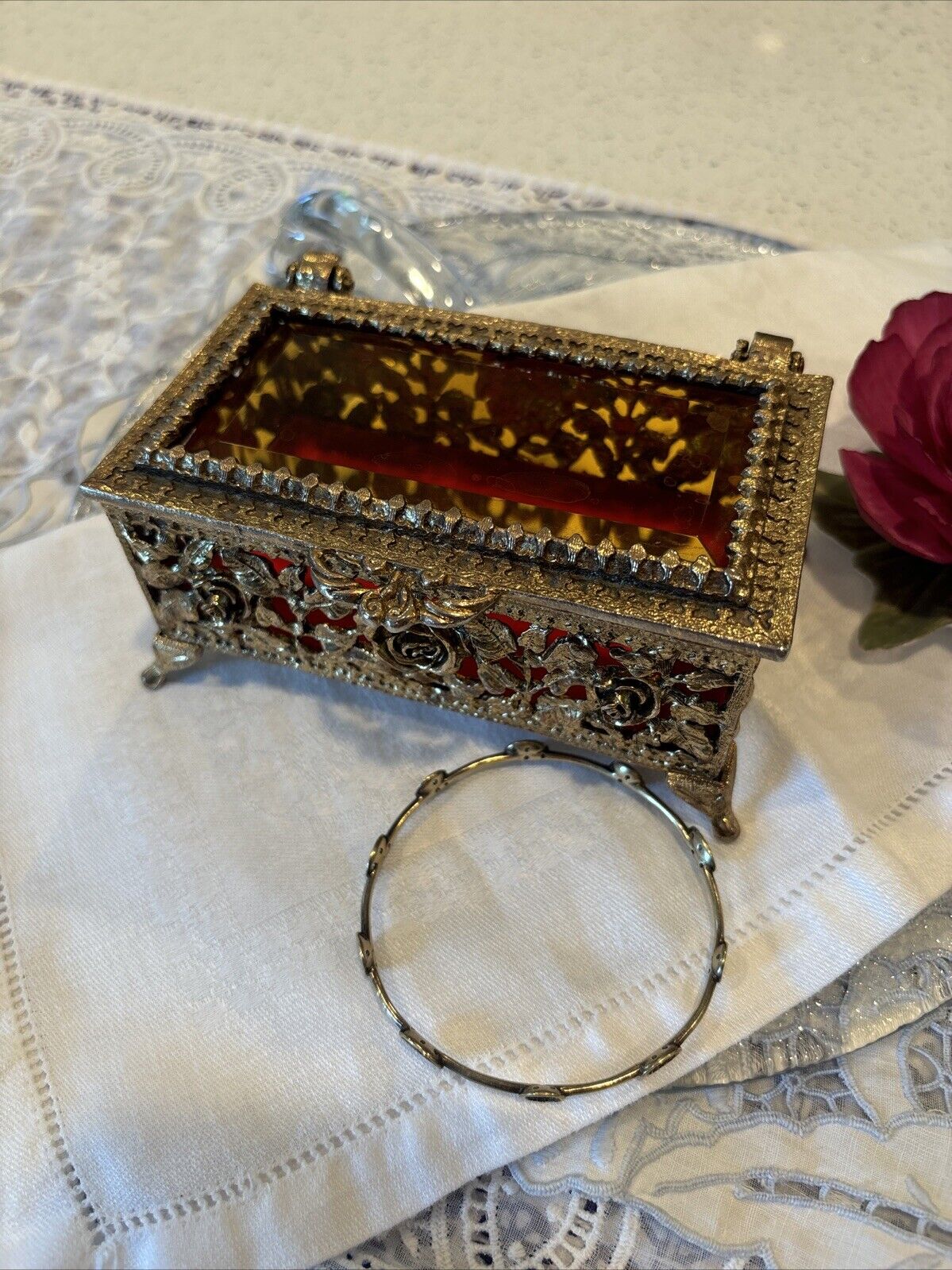 SMALL ANTIQUE LATE 1800's FILIGREE BEVELED GLASS LID FOOTED JEWELRY BOX