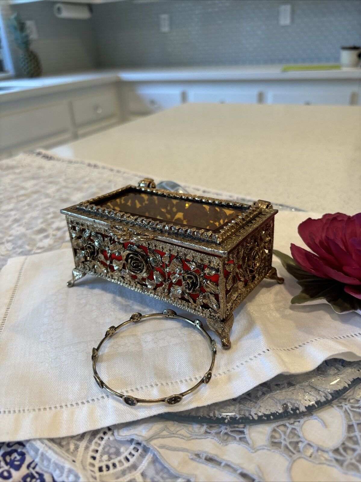 SMALL ANTIQUE LATE 1800's FILIGREE BEVELED GLASS LID FOOTED JEWELRY BOX