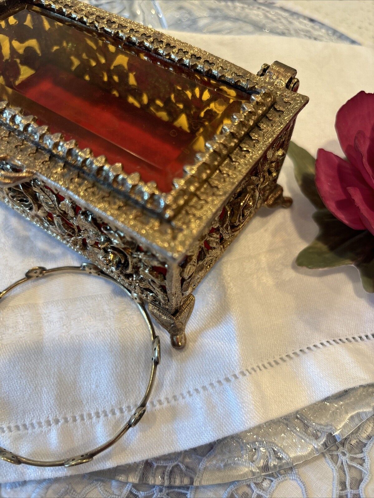 SMALL ANTIQUE LATE 1800's FILIGREE BEVELED GLASS LID FOOTED JEWELRY BOX