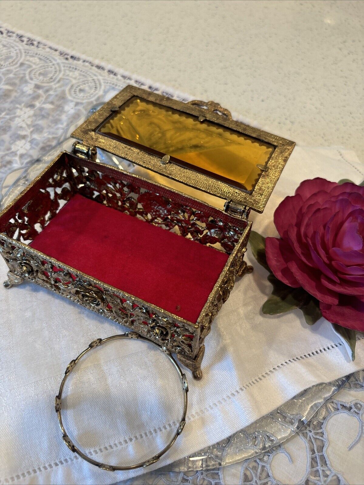 SMALL ANTIQUE LATE 1800's FILIGREE BEVELED GLASS LID FOOTED JEWELRY BOX