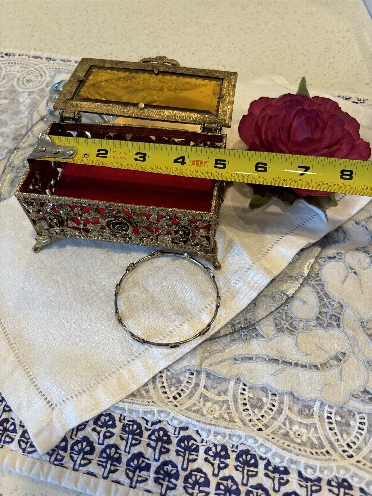 SMALL ANTIQUE LATE 1800's FILIGREE BEVELED GLASS LID FOOTED JEWELRY BOX