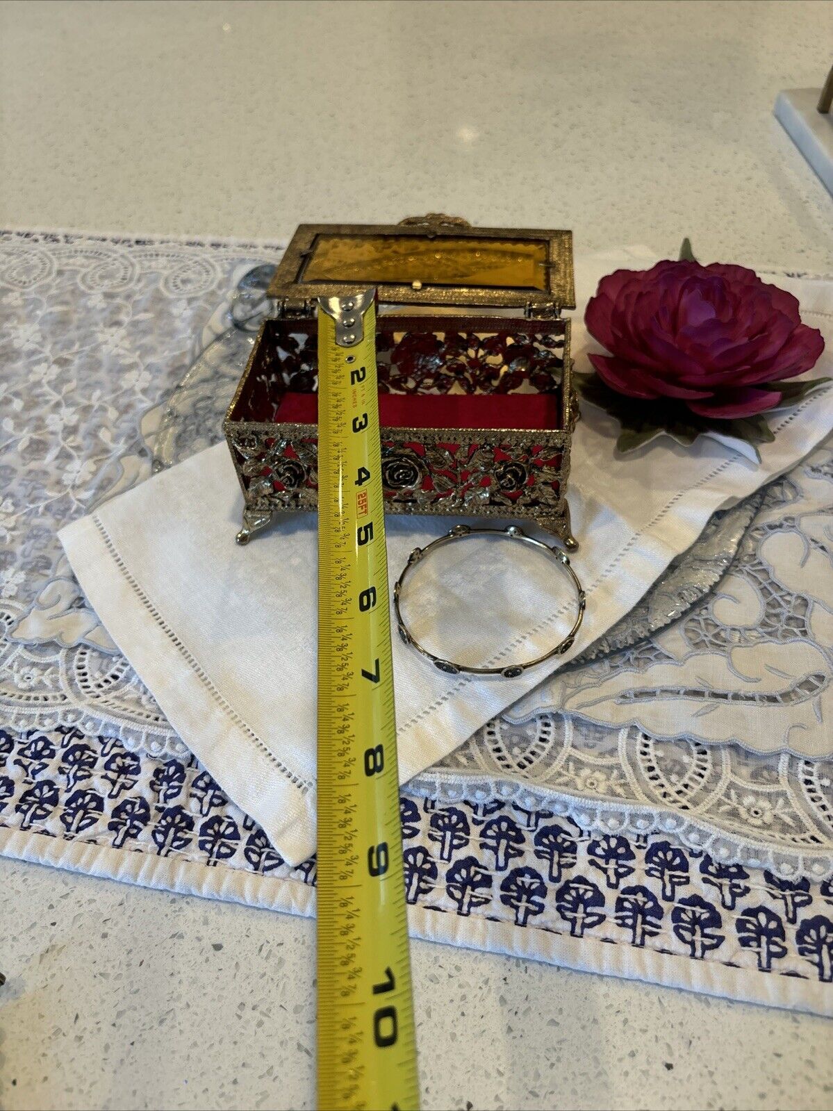 SMALL ANTIQUE LATE 1800's FILIGREE BEVELED GLASS LID FOOTED JEWELRY BOX