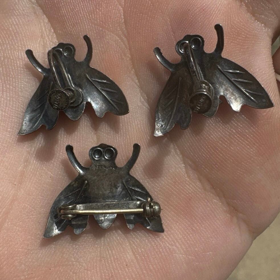 Antique 1800s 925 Sterling Fly Earrings and Pin Set