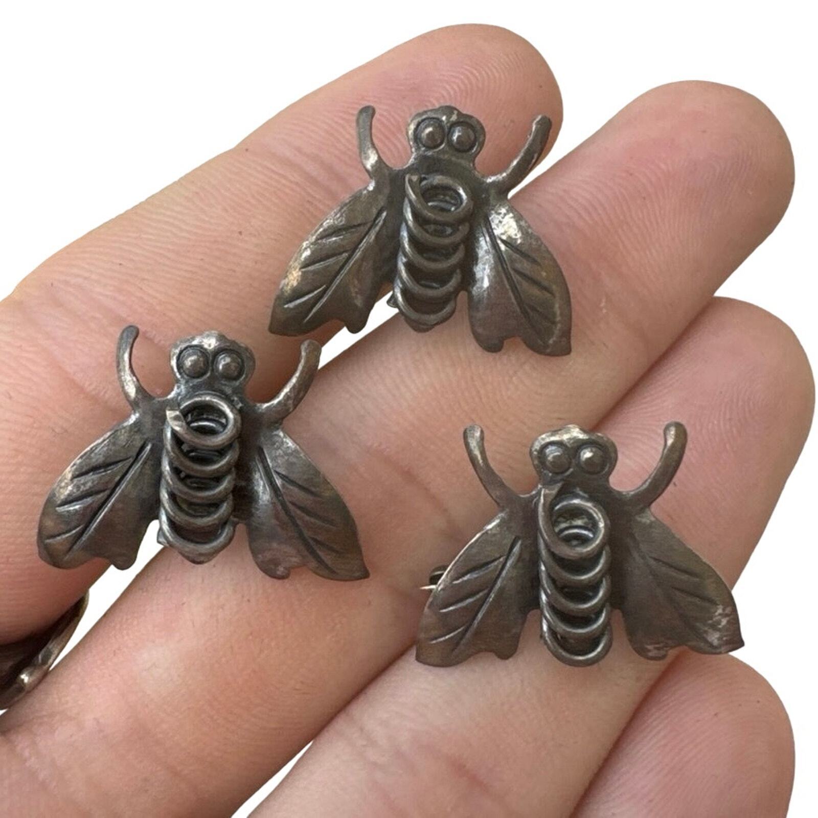 Antique 1800s 925 Sterling Fly Earrings and Pin Set