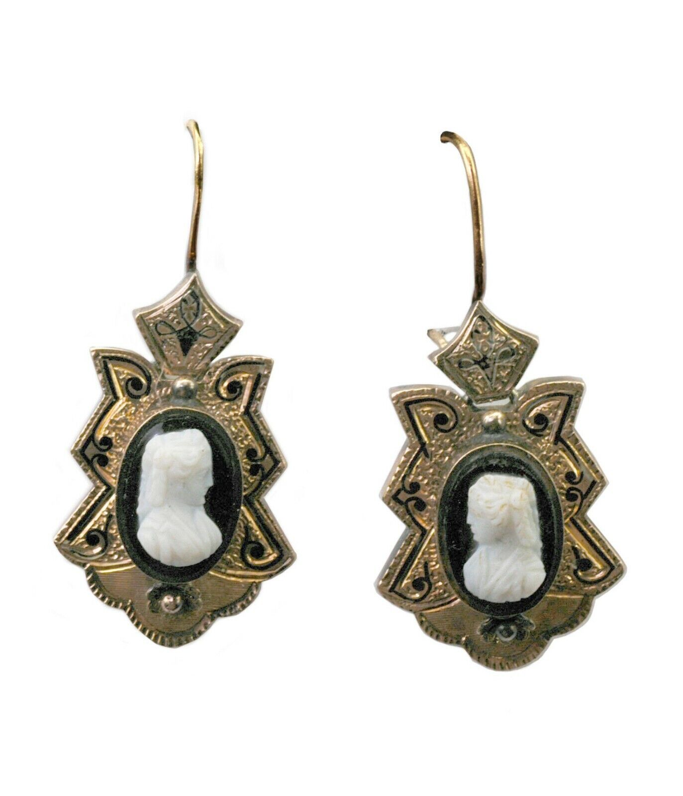 Antique mid 1800s Hard Stone Cameo Gold Enamel Large Earrings