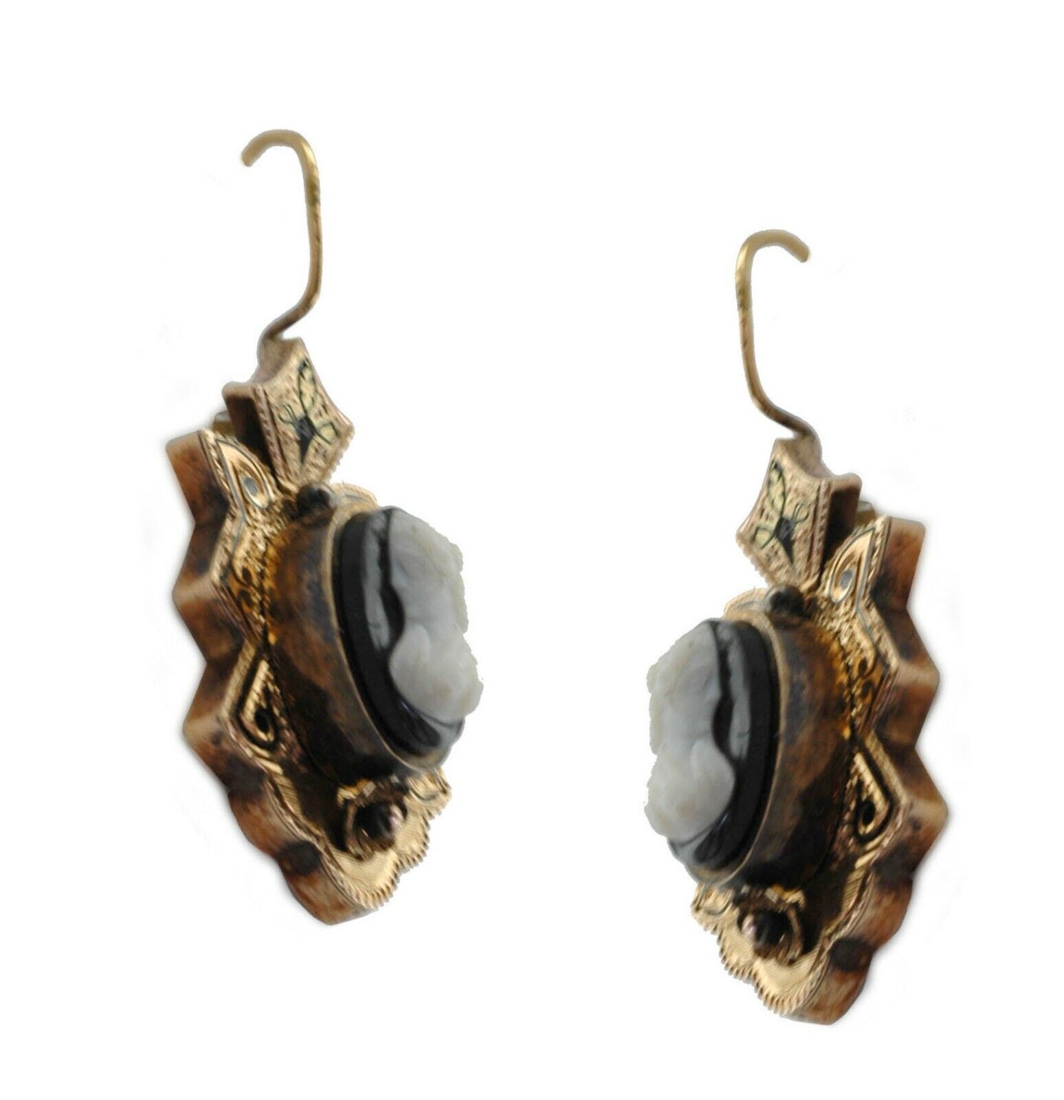 Antique mid 1800s Hard Stone Cameo Gold Enamel Large Earrings