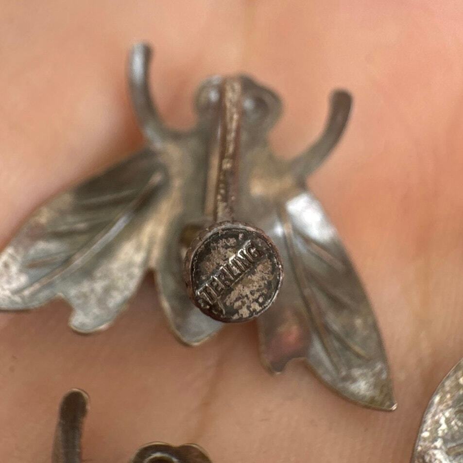 Antique 1800s 925 Sterling Fly Earrings and Pin Set