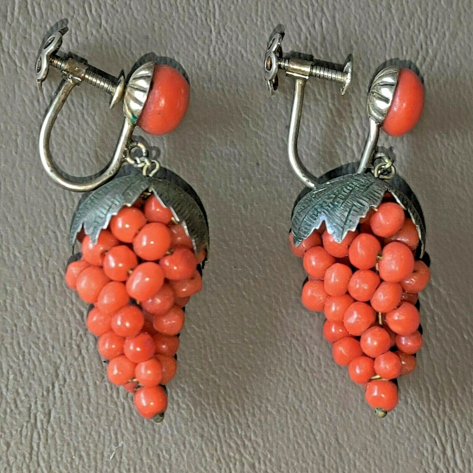 1800's Antique Victorian 800 SILVER NATURAL CORAL Earrings