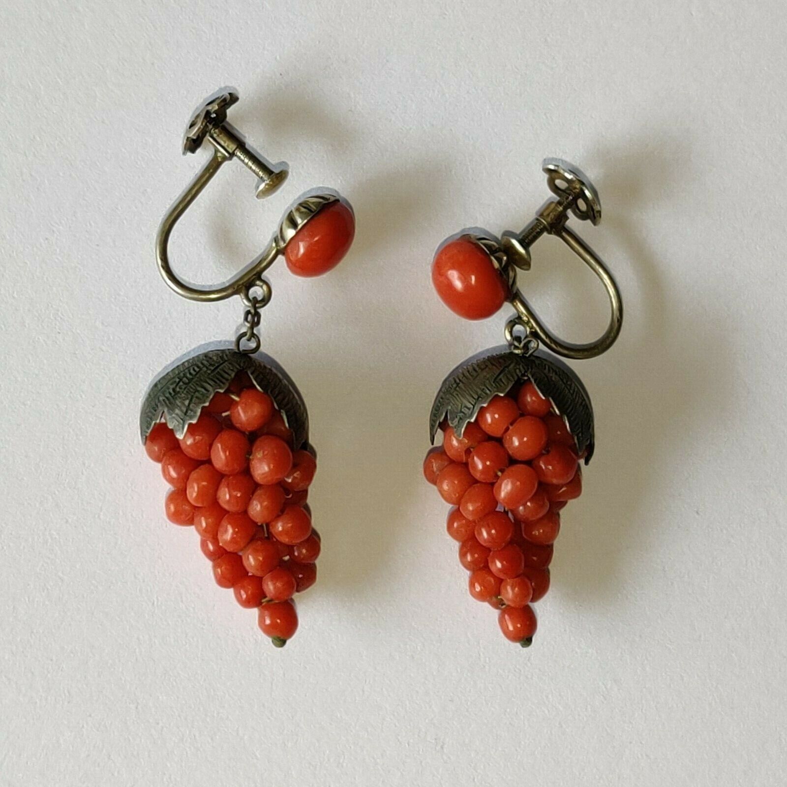 1800's Antique Victorian 800 SILVER NATURAL CORAL Earrings