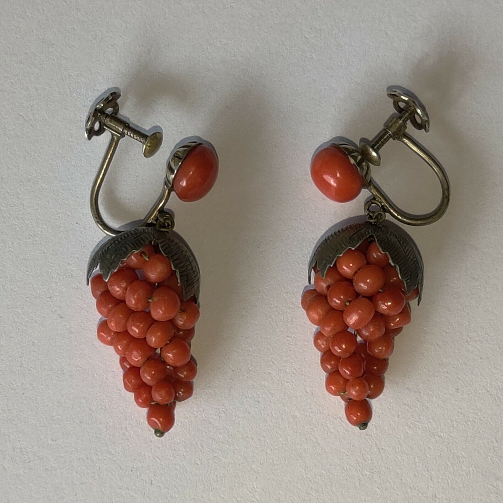 1800's Antique Victorian 800 SILVER NATURAL CORAL Earrings
