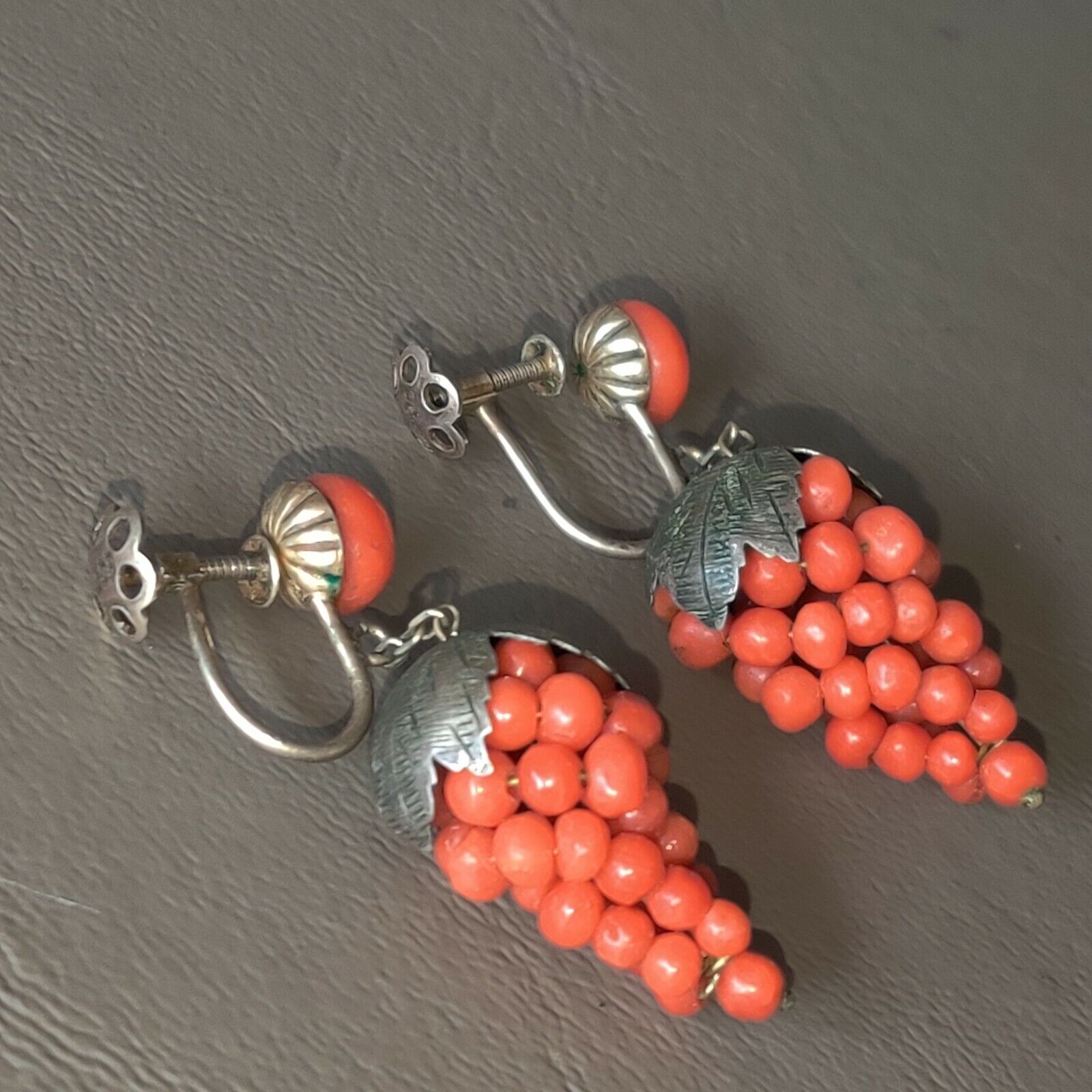 1800's Antique Victorian 800 SILVER NATURAL CORAL Earrings