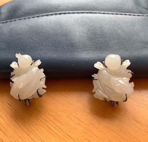 Rare Antique Vintage Yamanaka White Jade Earrings In original? box