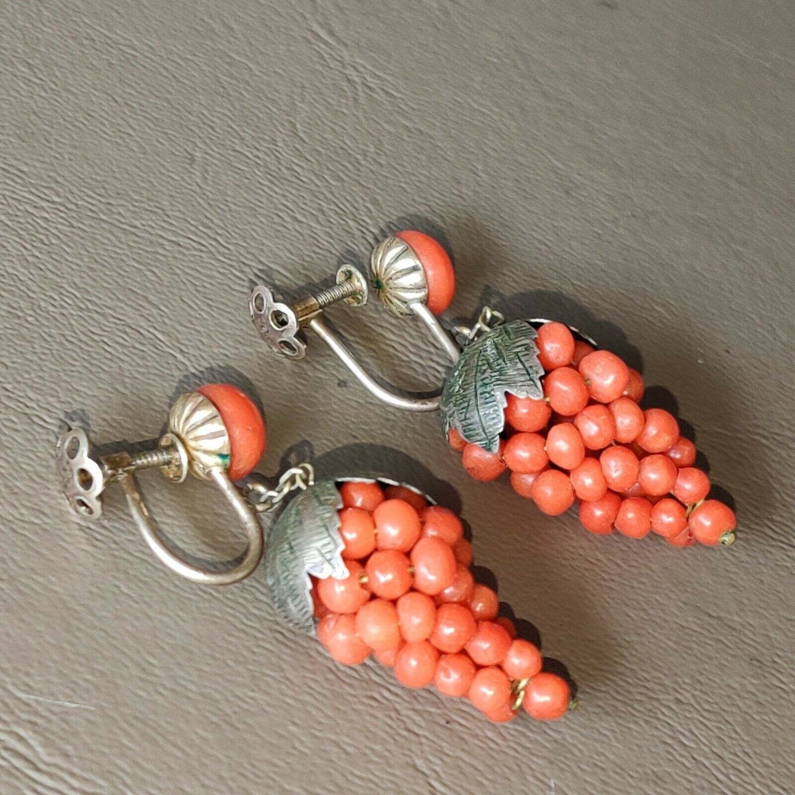 1800's Antique Victorian 800 SILVER NATURAL CORAL Earrings