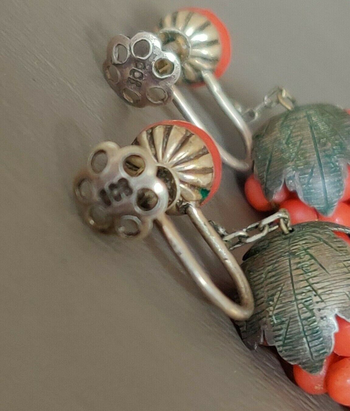 1800's Antique Victorian 800 SILVER NATURAL CORAL Earrings