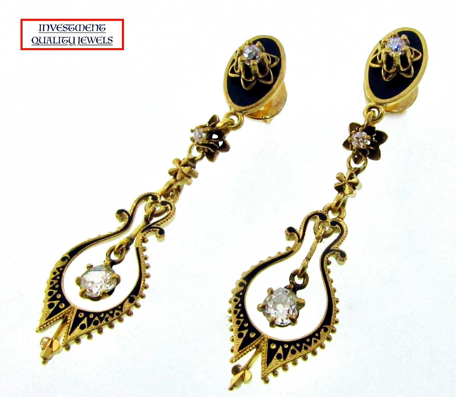 Antique Victorian 1800's 14K Yellow Gold Diamond & Enamel Dangle Earrings