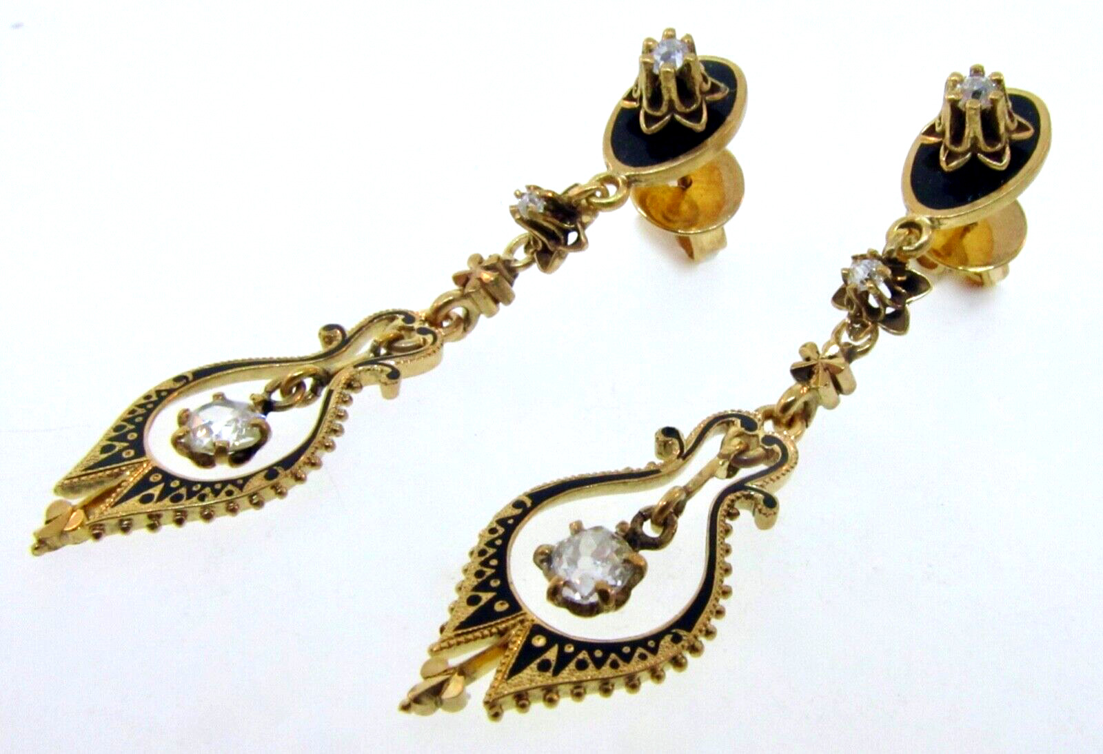 Antique Victorian 1800's 14K Yellow Gold Diamond & Enamel Dangle Earrings