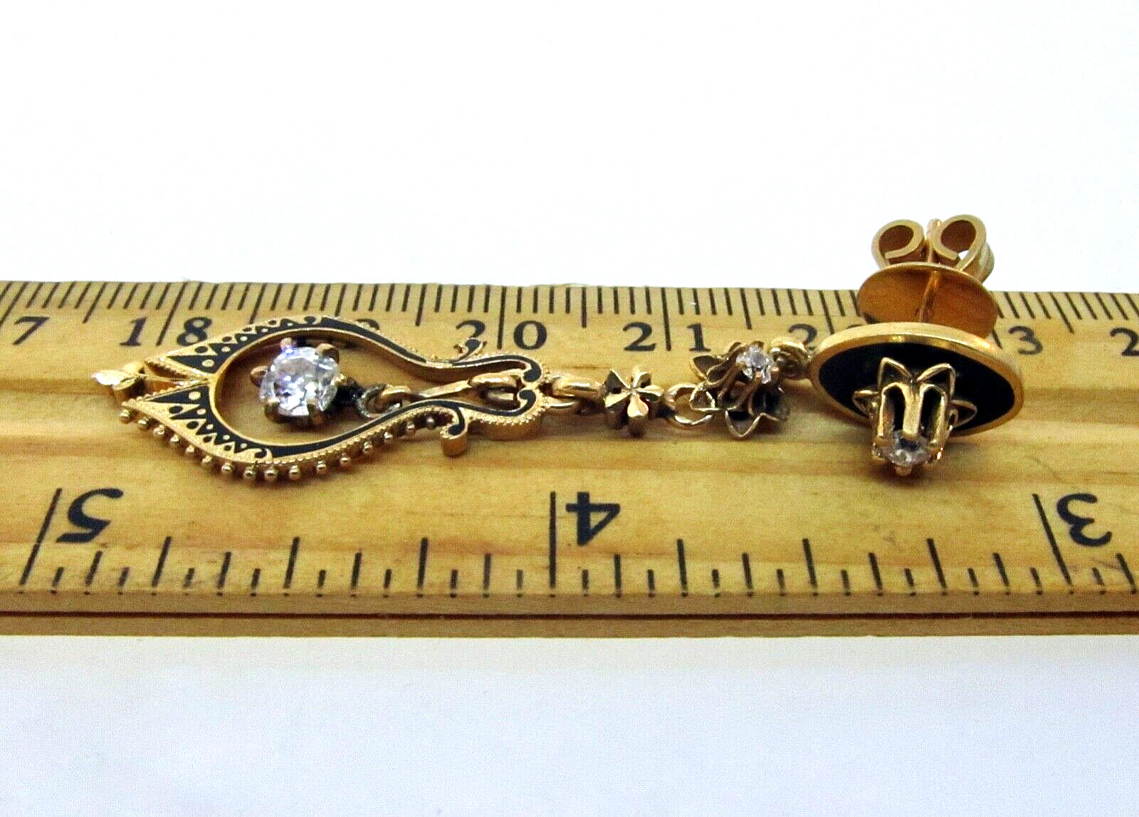 Antique Victorian 1800's 14K Yellow Gold Diamond & Enamel Dangle Earrings