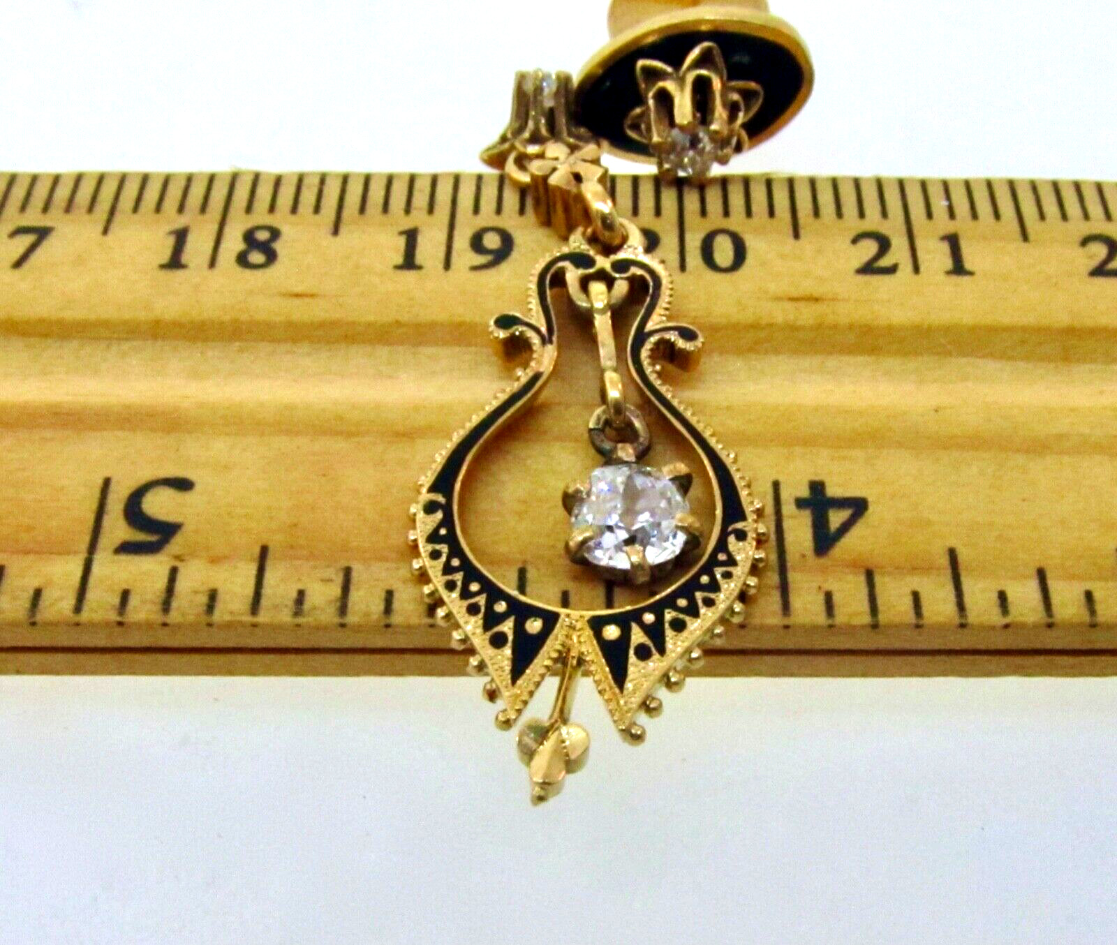 Antique Victorian 1800's 14K Yellow Gold Diamond & Enamel Dangle Earrings