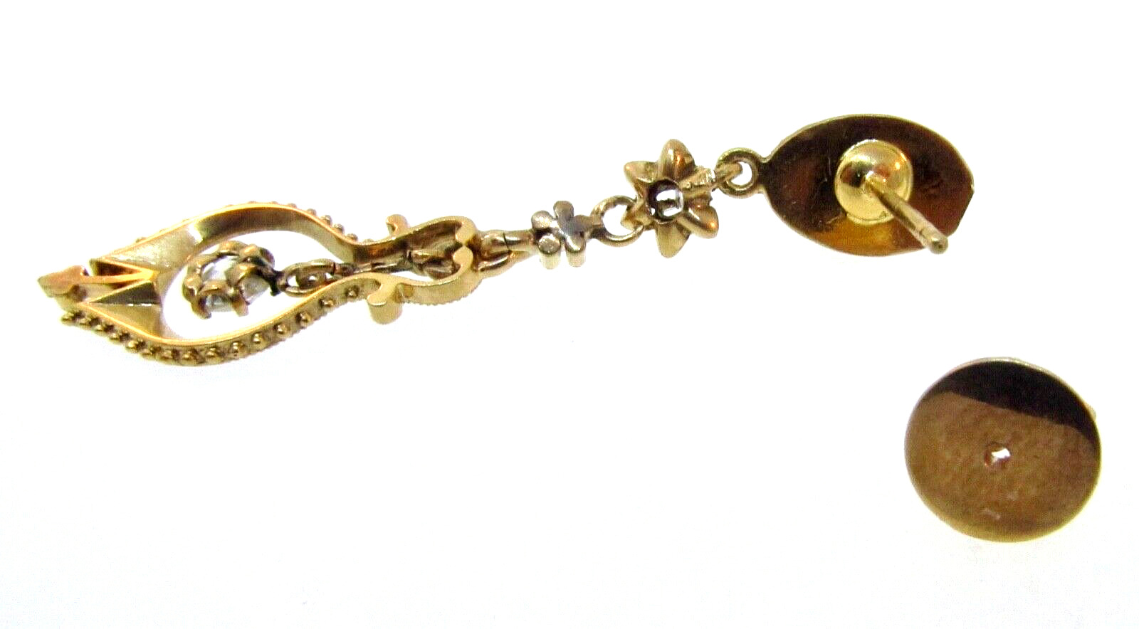 Antique Victorian 1800's 14K Yellow Gold Diamond & Enamel Dangle Earrings