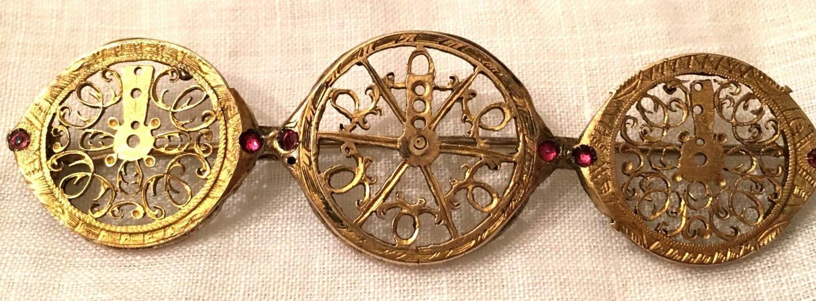 Antique Watch Fusee Ruby Gold Gilt Brass Brooch Gilt Balance Parts Pin 1800s Vtg