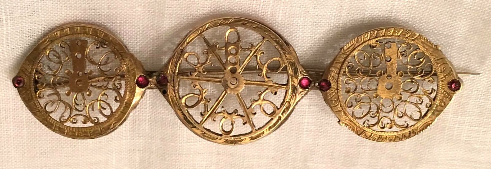 Antique Watch Fusee Ruby Gold Gilt Brass Brooch Gilt Balance Parts Pin 1800s Vtg