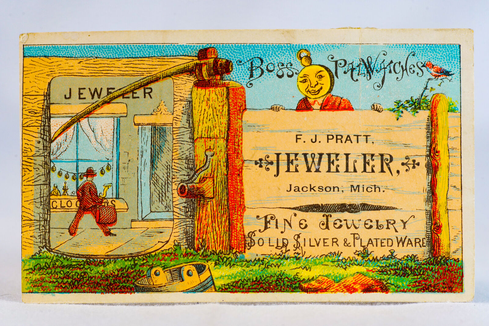 Boss Gold Watch Cases FJ Pratt Jeweler Jackson Michigan 1800s Advertising Card