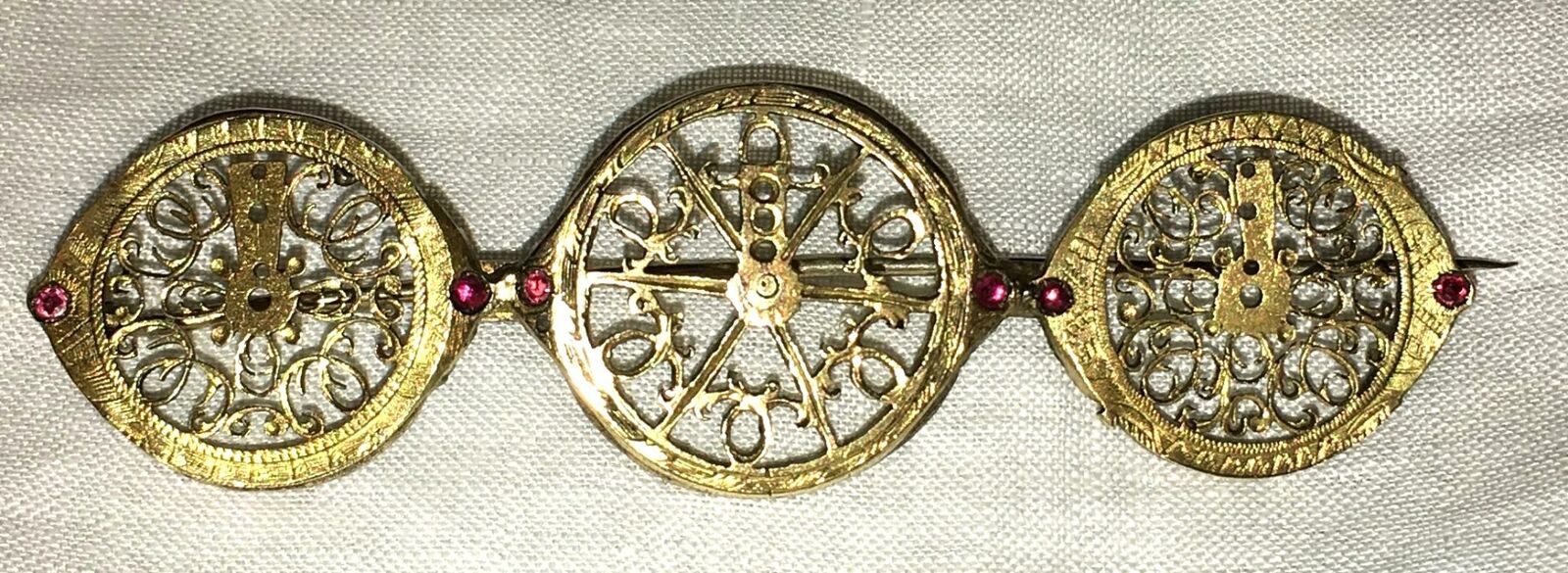 Antique Watch Fusee Ruby Gold Gilt Brass Brooch Gilt Balance Parts Pin 1800s Vtg