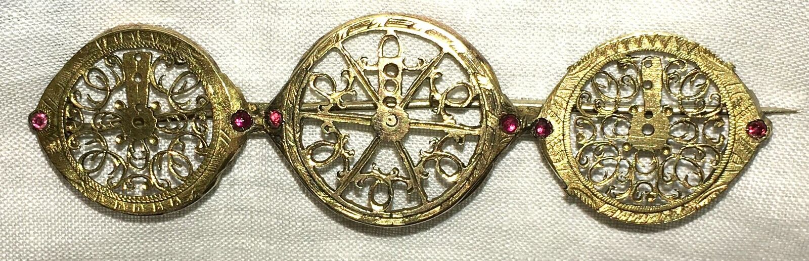 Antique Watch Fusee Ruby Gold Gilt Brass Brooch Gilt Balance Parts Pin 1800s Vtg