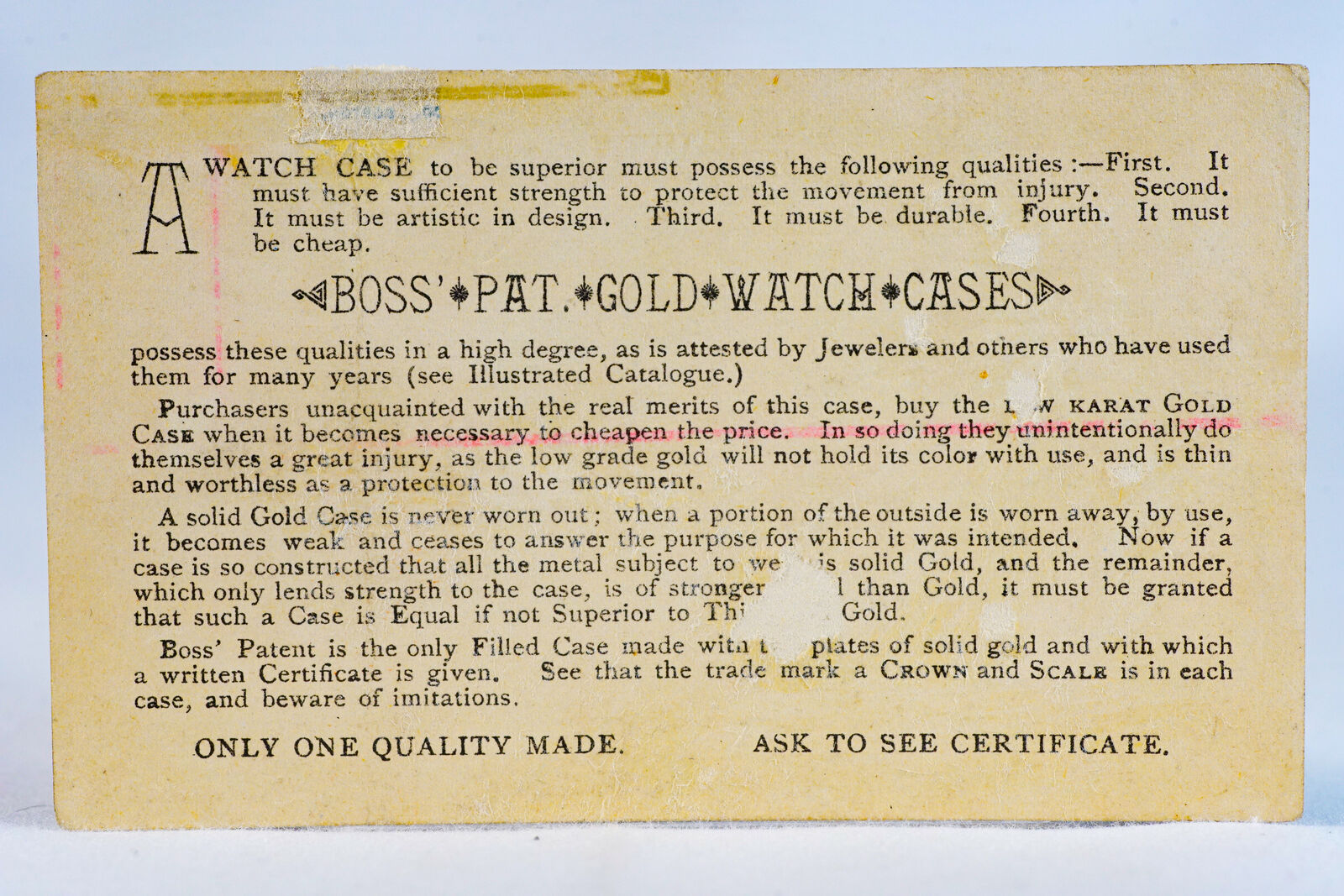 Boss Gold Watch Cases FJ Pratt Jeweler Jackson Michigan 1800s Advertising Card