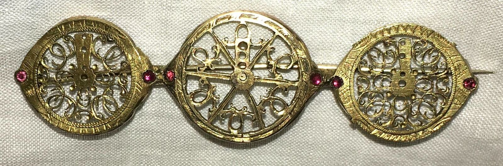 Antique Watch Fusee Ruby Gold Gilt Brass Brooch Gilt Balance Parts Pin 1800s Vtg