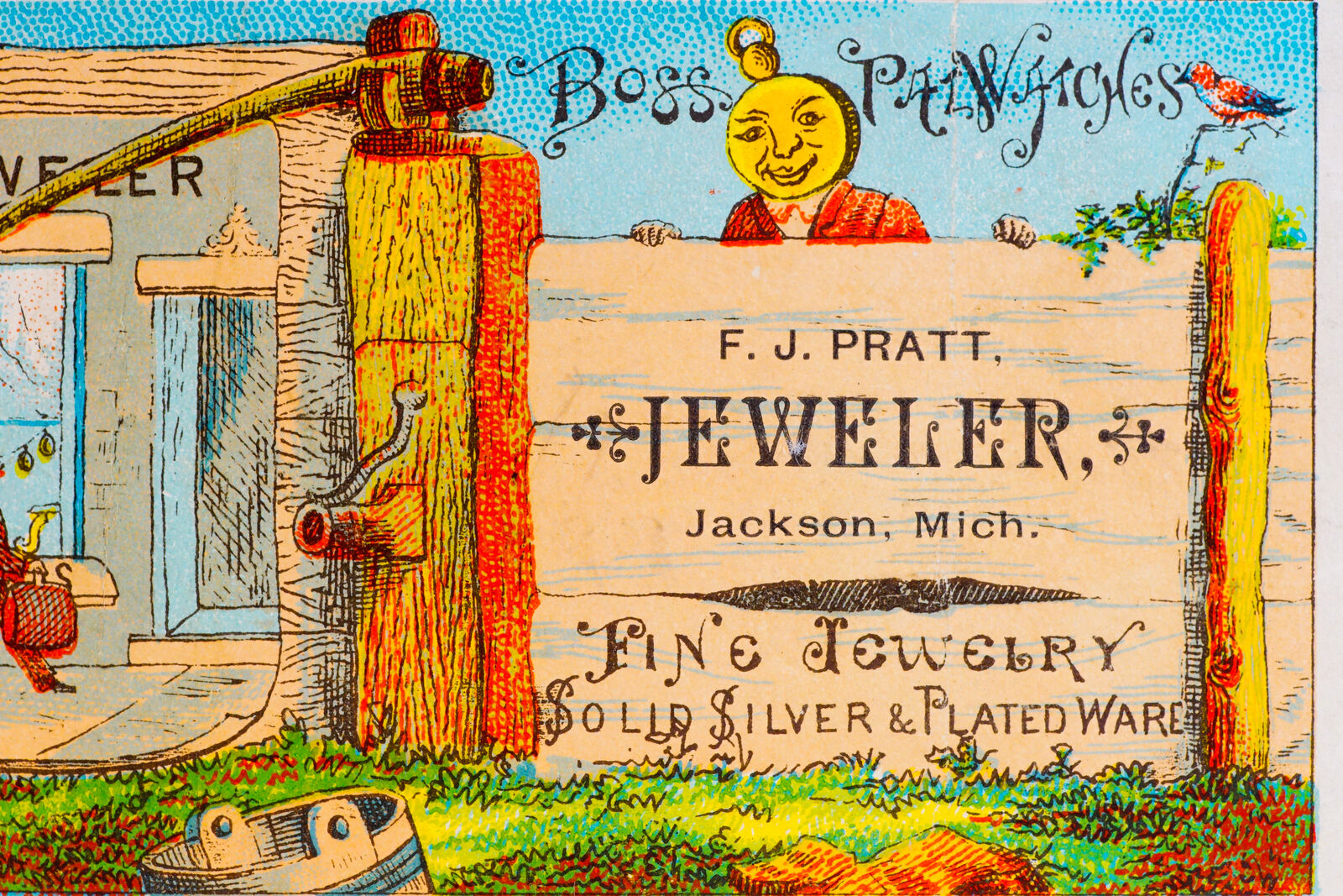 Boss Gold Watch Cases FJ Pratt Jeweler Jackson Michigan 1800s Advertising Card