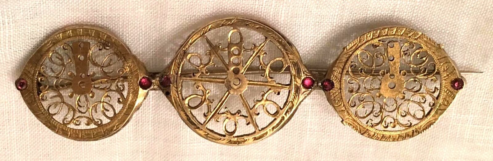 Antique Watch Fusee Ruby Gold Gilt Brass Brooch Gilt Balance Parts Pin 1800s Vtg