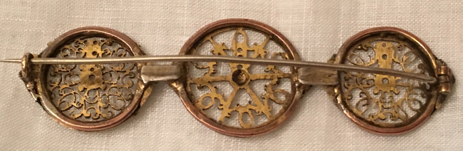 Antique Watch Fusee Ruby Gold Gilt Brass Brooch Gilt Balance Parts Pin 1800s Vtg