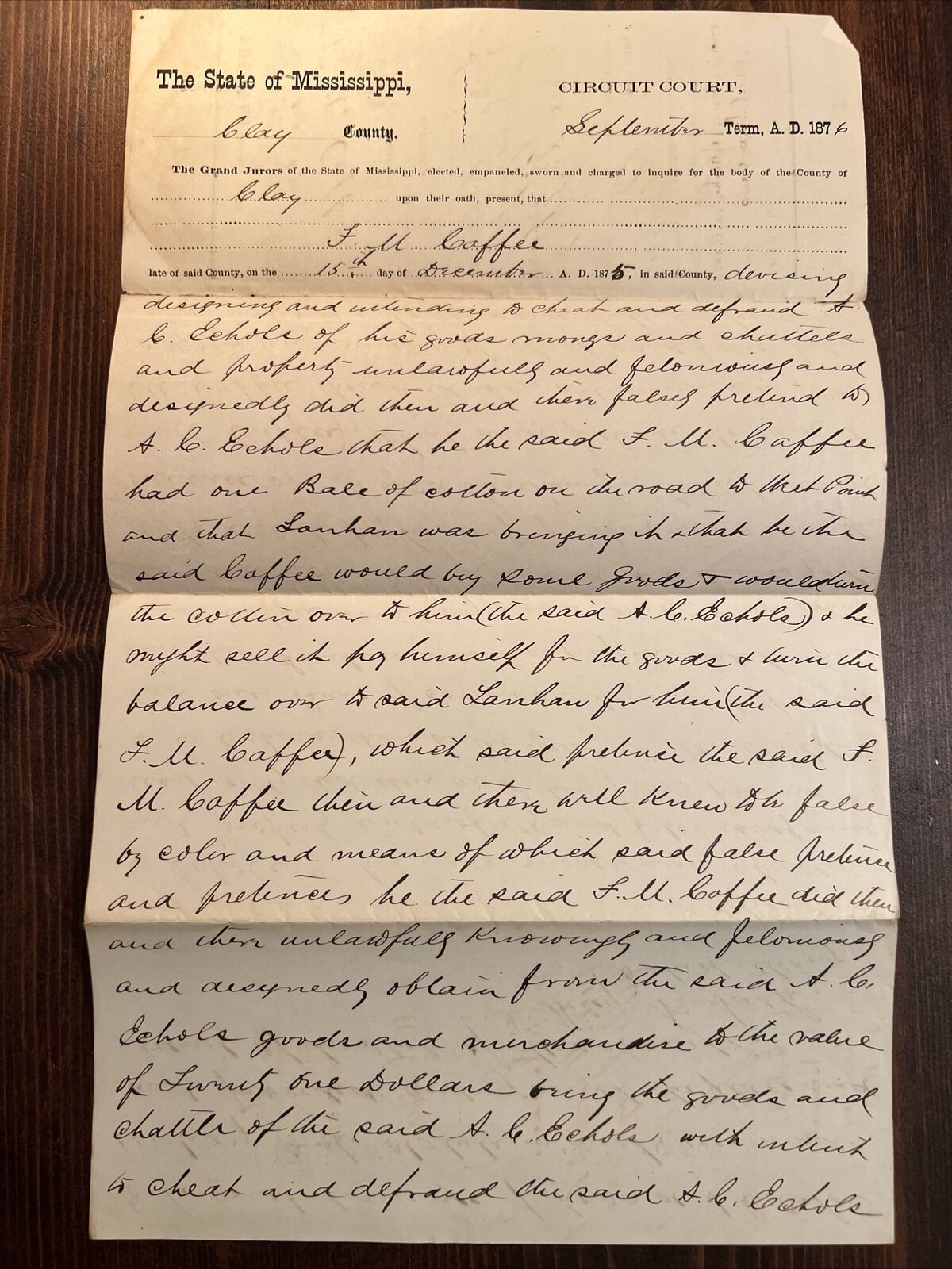 Antique 1800s Ephemera Legal Court Document Grand Jury Indictment Mississippi