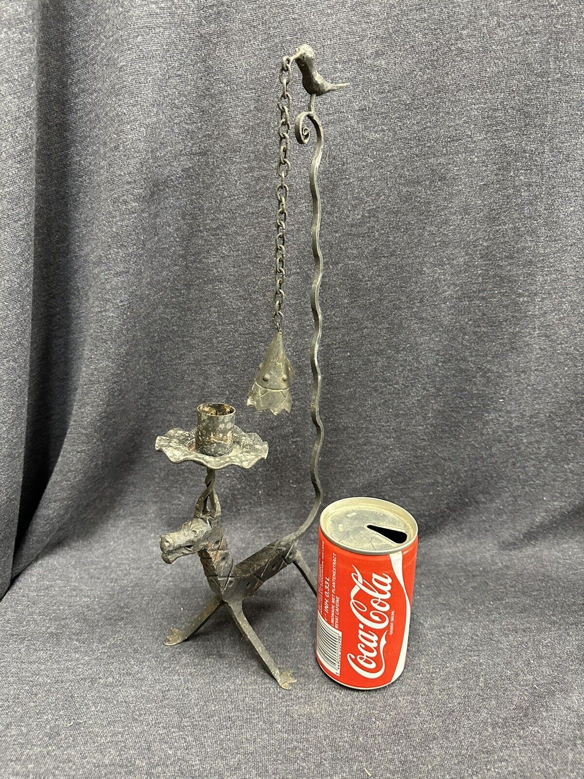 Hand Forged PRIMITIVE 16” High Candle Holder & Snuffer 1700's Style Horse Bird