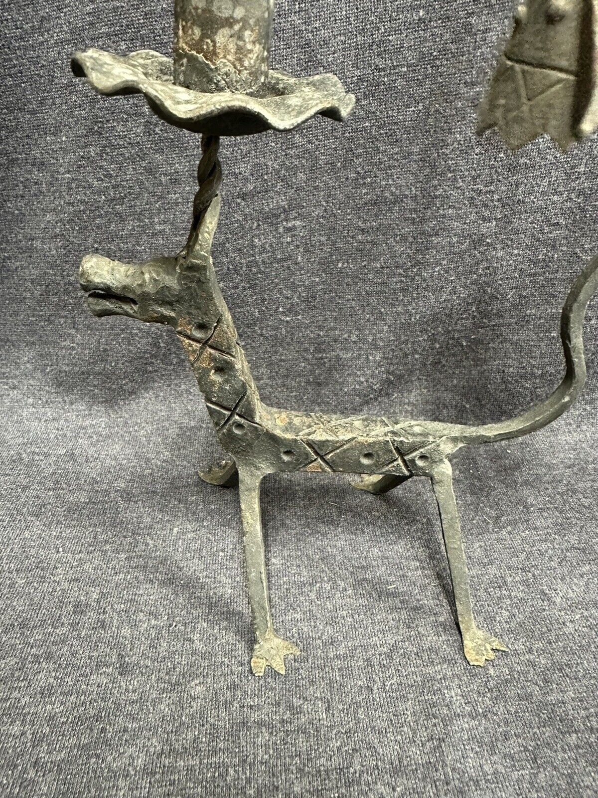 Hand Forged PRIMITIVE 16” High Candle Holder & Snuffer 1700's Style Horse Bird