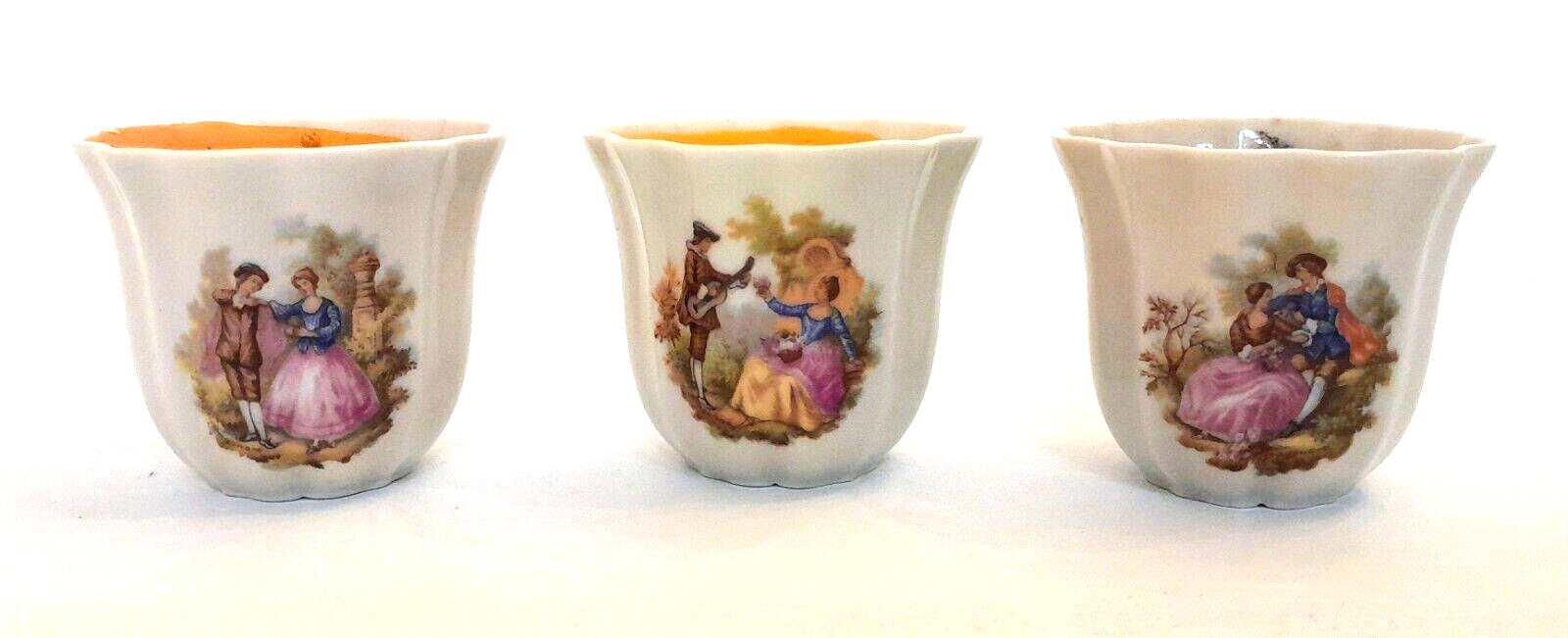 Limoges Porcelain Orange Candle Votive Cups (set of 3) Design is 1700's Couple