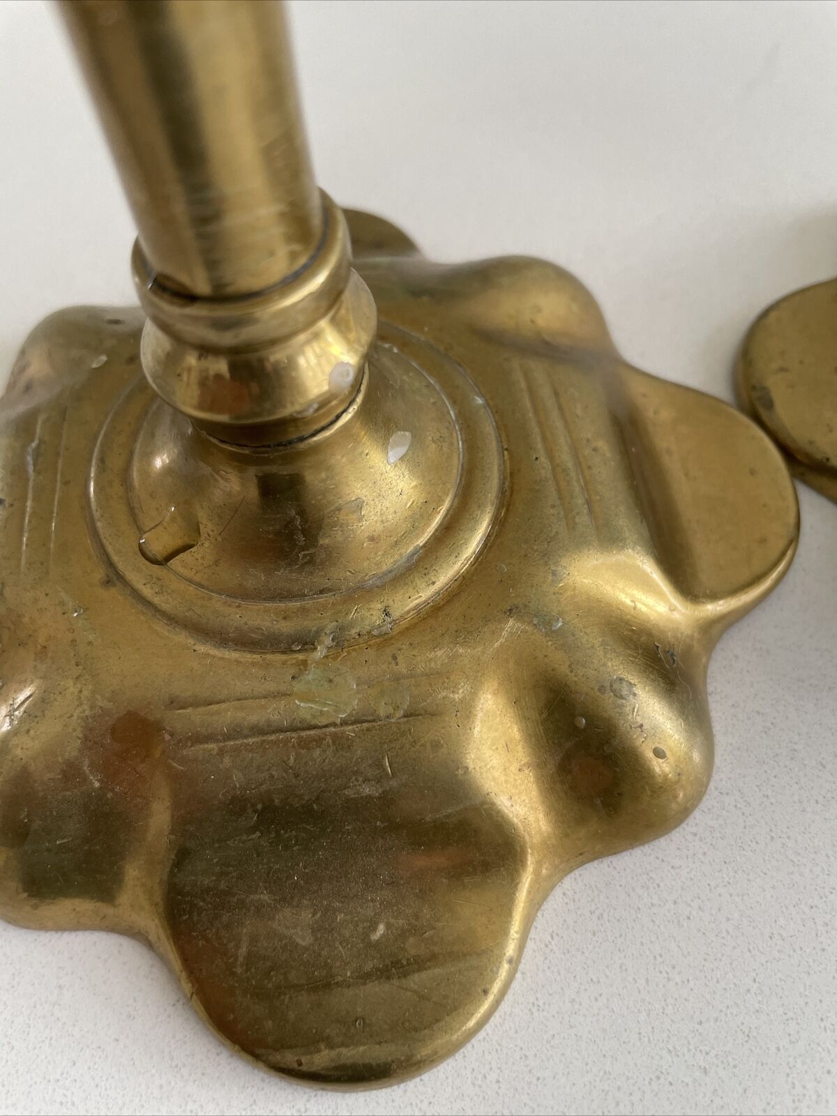 Antique 18th Century George II (?) English Brass Petal Base / Top Candle Holders