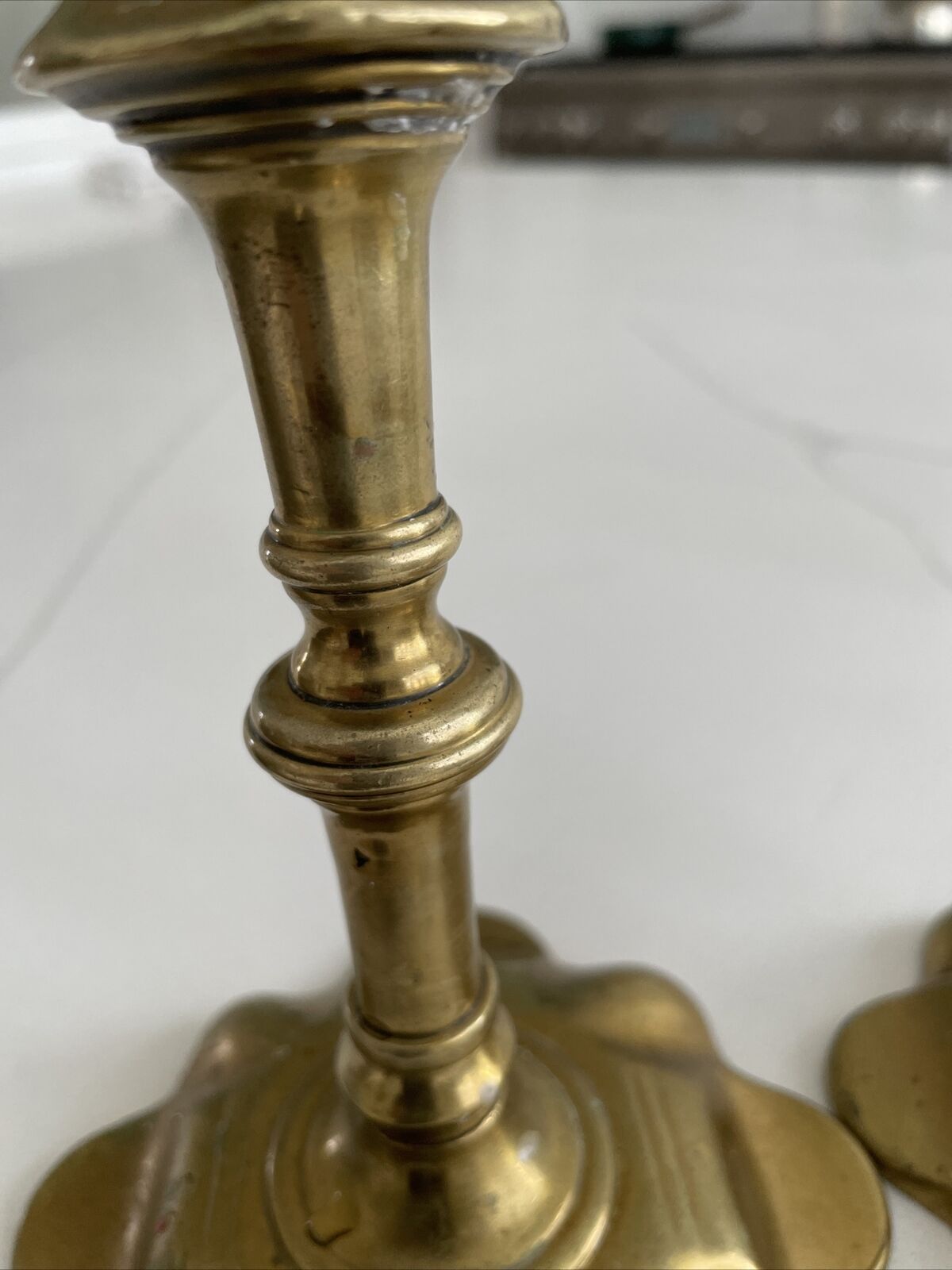 Antique 18th Century George II (?) English Brass Petal Base / Top Candle Holders